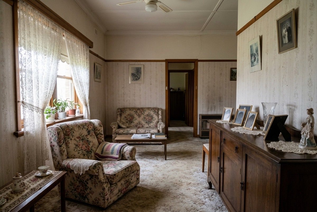 A quiet, tidy lounge room in an older home before an estate clearance